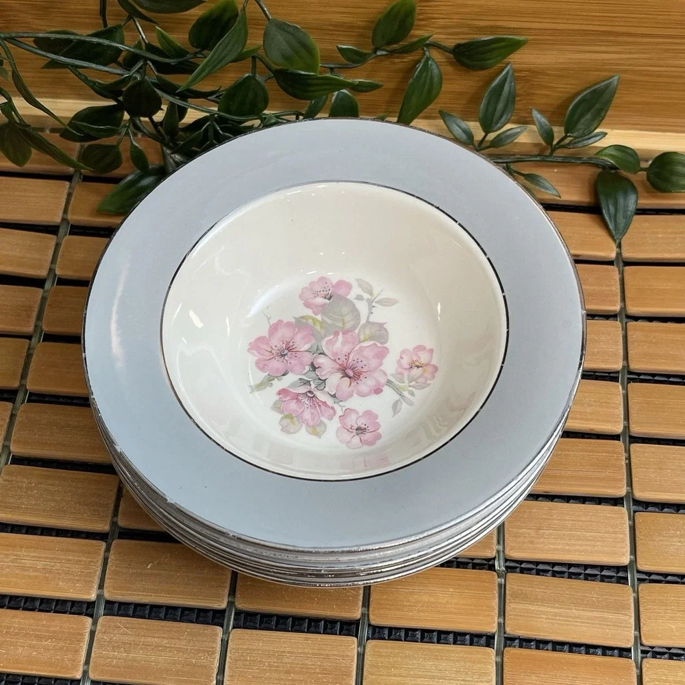 Vtg 1953 Homer Laughlin Cavalier Eggshell Dessert Bowl Set CV17 Gray Floral READ